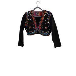 Vintage Joujou Women’s S Black Cropped Jacket Colorful Beaded Embroidered Boho